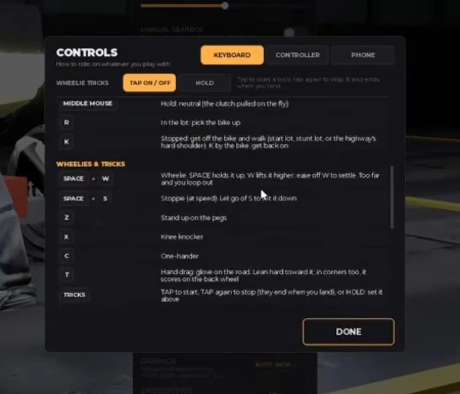 WideOpen keyboard controls with Wheelie, Stoppie and trick inputs