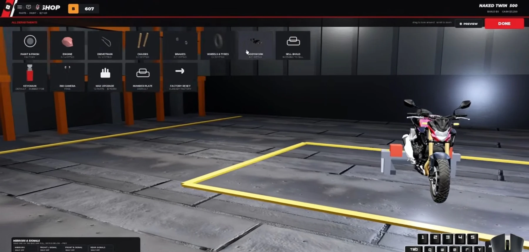 WideOpen garage showing performance and cosmetic upgrade categories