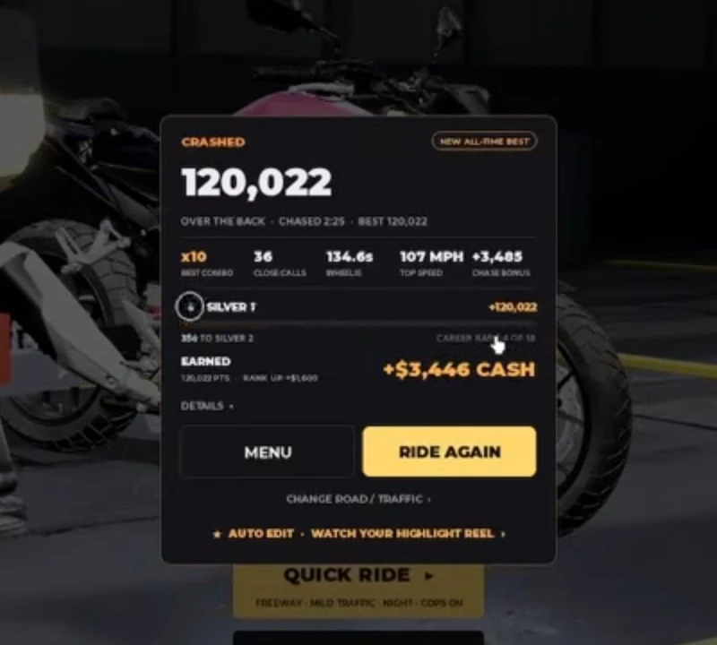 WideOpen Crashed result with score, chase bonus and cash displayed separately