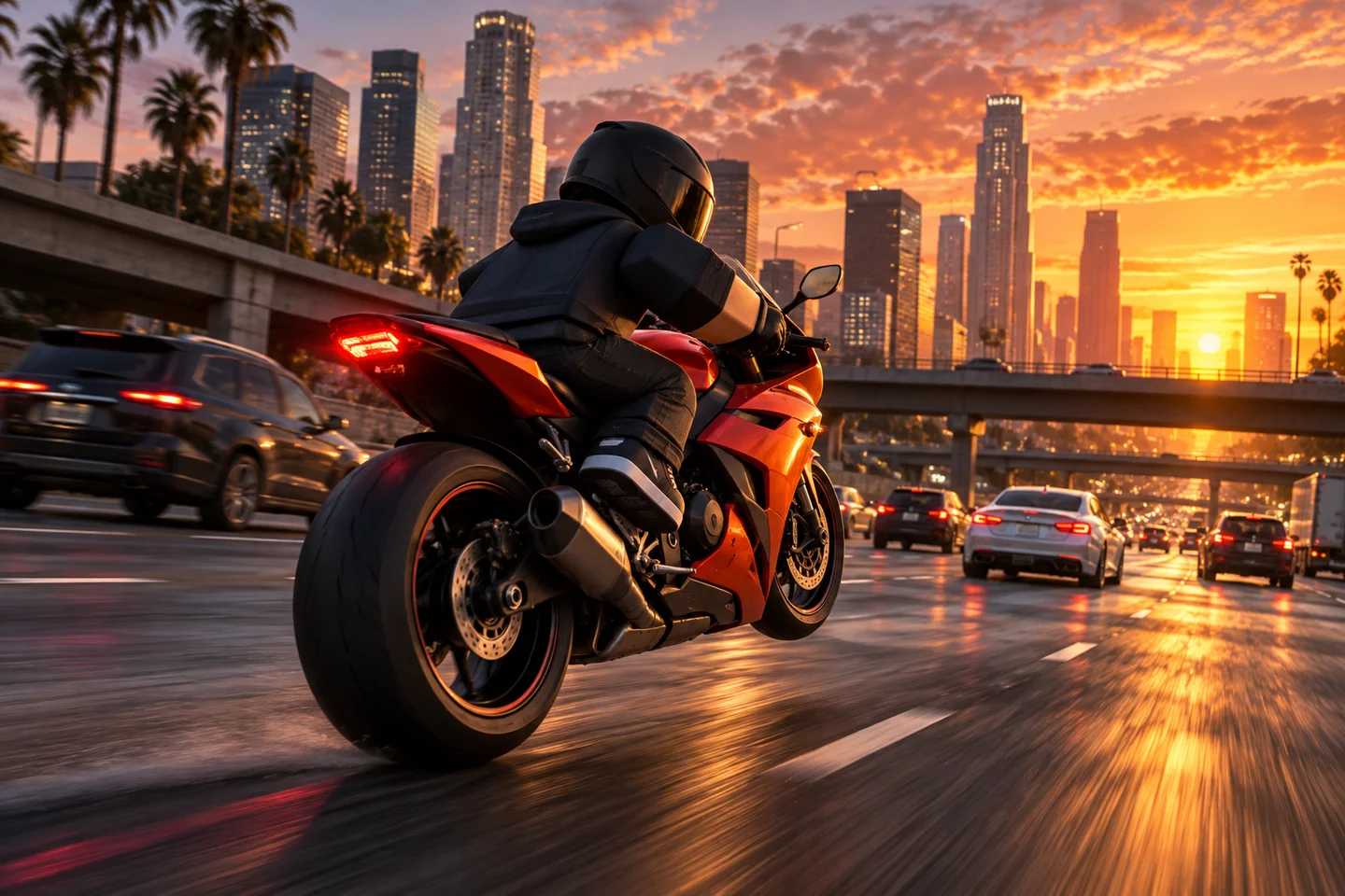 AI-generated editorial artwork of a motorcycle rider weaving through city freeway traffic at sunset.